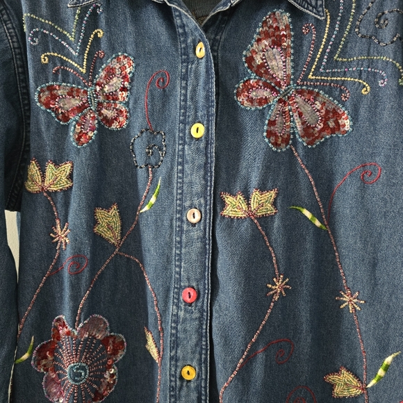 Quacker Factory Denim Sequin Button-down Shirt Size S - Picture 3 of 7